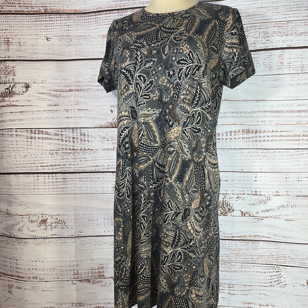 Navy blue‎ and tan A-line Mini Dress with Crew Neck with pockets